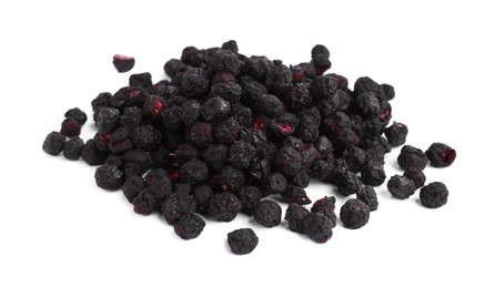 Pile of freeze dried blueberries on white background