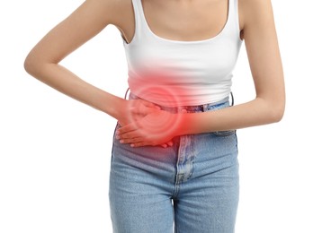 Woman suffering from appendicitis inflammation on white background, closeup