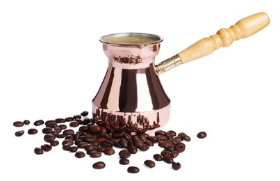 Photo of Turkish coffee. Cezve with hot coffee and beans on white background