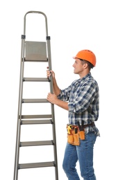 Professional builder with metal ladder on white background