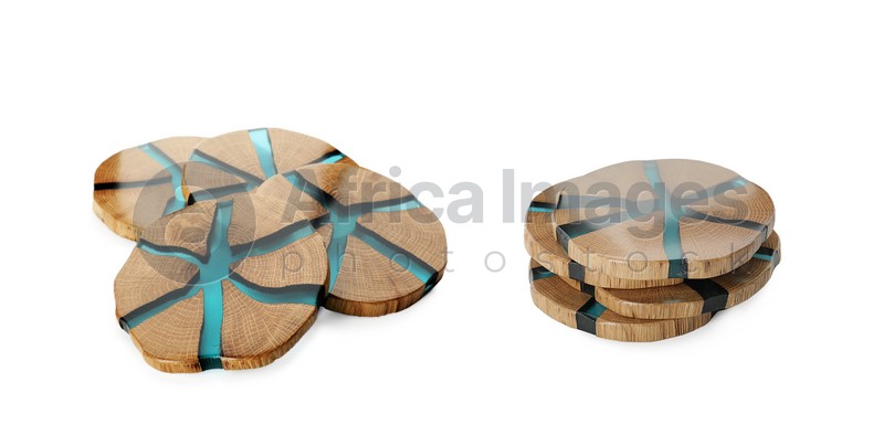 Stylish wooden cup coasters on white background, collage. Banner design