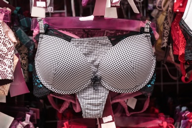 Checkered set of bra and panties in underwear shop