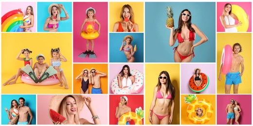 Collage with beautiful photos themed to summer party and vacation. Happy people wearing swimsuits on different color backgrounds, banner design