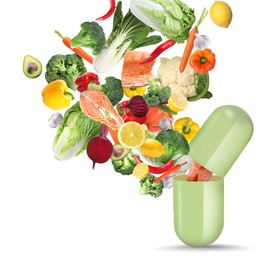 Dietary supplements. Capsule and different fresh vegetables, fruits and fish flying on white background