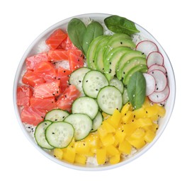 Delicious poke bowl with salmon and vegetables isolated on white, top view