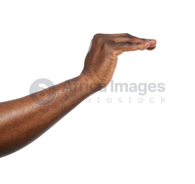 African-American man showing height on white background, closeup