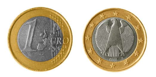 Image of Shiny euro coins on white background, collage. Banner design