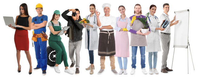 Image of Collage with people of different professions on white background. Banner design