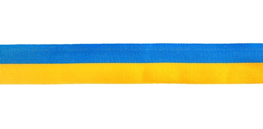 Ribbon with colors of national Ukrainian flag isolated on white, top view