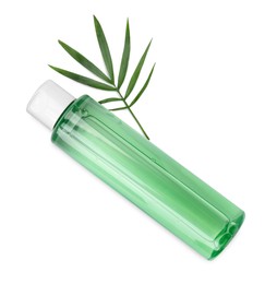 Bottle of micellar cleansing water and green twig on white background, top view