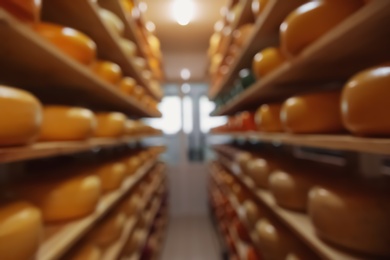 Photo of Blurred view of factory warehouse with fresh cheese heads on racks