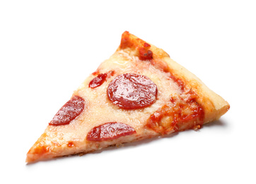 Slice of hot delicious pepperoni pizza on white background