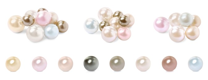 Set with beautiful pearls on white background. Banner design