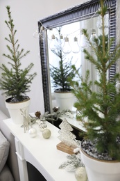 Little fir trees and Christmas decorations on mantelpiece in room. Stylish interior design