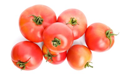 Delicious fresh ripe tomatoes on white background, top view