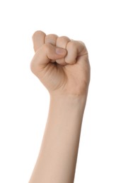 Woman raising fist isolated on white, closeup