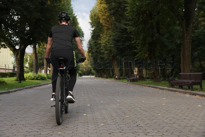 Man riding bicycle on road outdoors, back view. Space for text