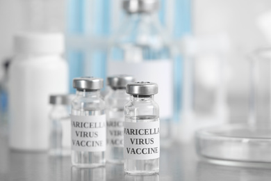 Chickenpox vaccine on table in laboratory. Varicella virus prevention