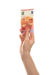 Woman with euro banknote on white background, closeup. Money and finance