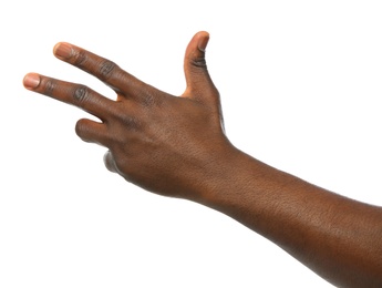 African-American man showing number TWO on white background, closeup