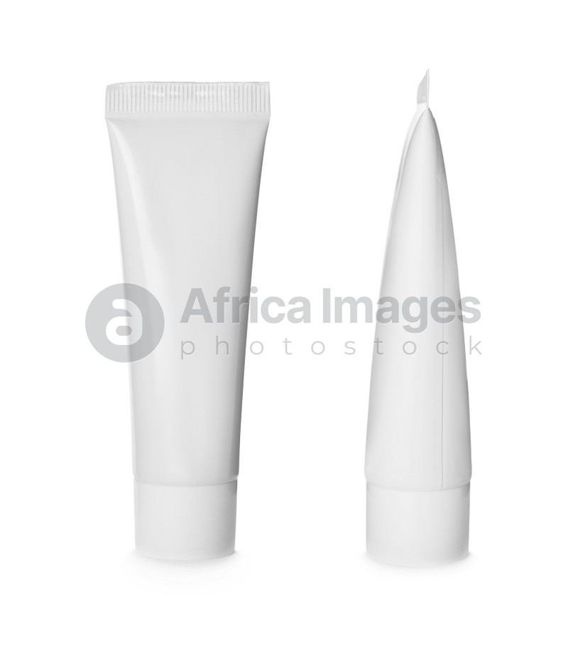 Blank tubes of cosmetic products on white background, collage. Mockup for design