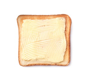 Tasty toast bread with butter isolated on white, top view