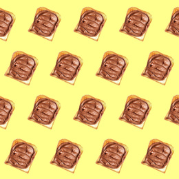 Set of delicious toasted bread with chocolate spread on yellow background, top view
