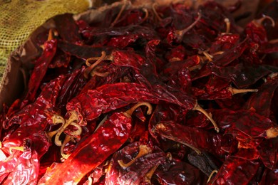 Heap of dry chilli peppers, above view