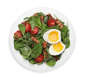 Photo of Delicious salad with boiled egg, bacon and tomatoes isolated on white, top view