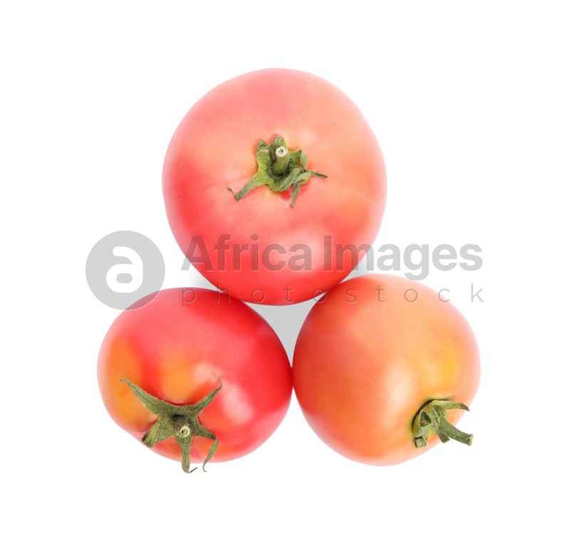 Delicious fresh ripe tomatoes on white background, top view
