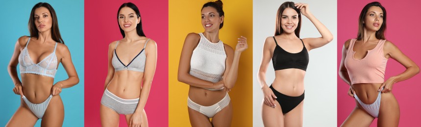Image of Collage with photos of women wearing underwear on different color backgrounds. Banner design