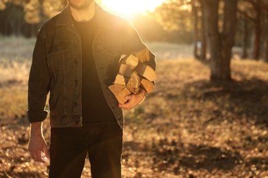 Photo of Man holding pile of cut firewood in forest, closeup. Space for text