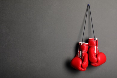 Pair of boxing gloves on grey background, space for text