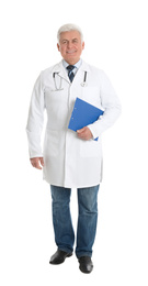 Full length portrait of senior doctor with clipboard on white background