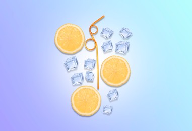Creative lemonade layout with lemon slices, ice cubes and straw on turquoise background, top view