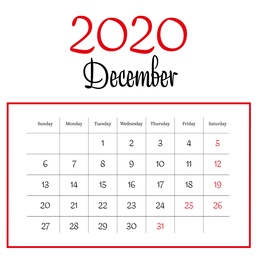 Illustration of 2020 December calendar design on white background