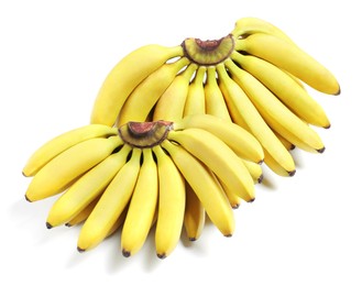 Bunches of ripe baby bananas on white background