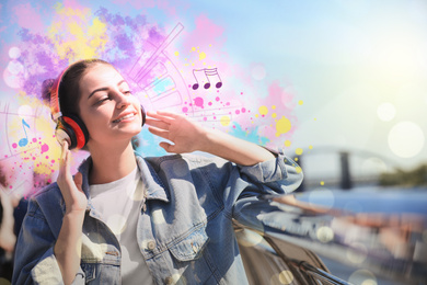 Image of Young woman listening to music with headphones outdoors. Bright notes illustration