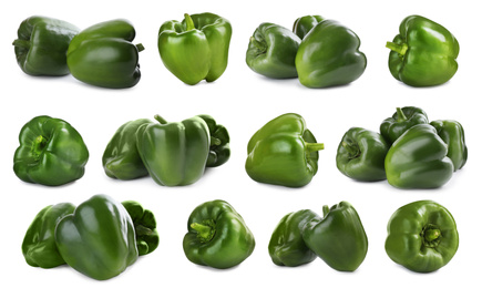 Image of Set of ripe green bell peppers on white background