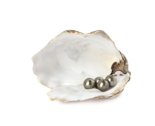 Open oyster shell with black pearls on white background