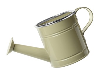 Photo of Beige metal watering can isolated on white