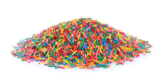 Pile of colorful sprinkles on white background. Confectionery decor