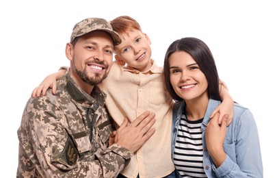 Ukrainian defender in military uniform with his family on white background