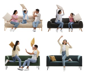 People resting on different stylish sofas against white background, collage 