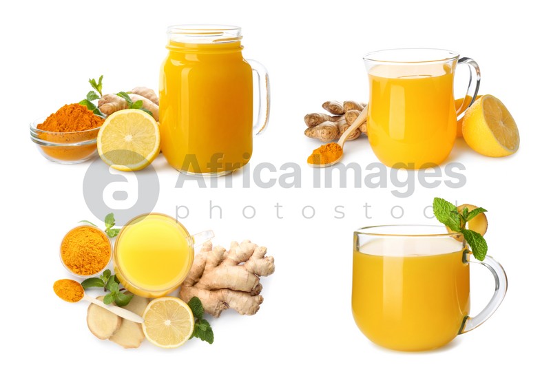 Image of Set of immunity boosting drink with lemon, ginger and turmeric on white background 