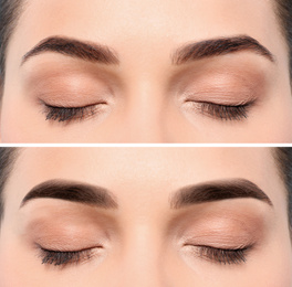 Woman before and after eyebrow correction, closeup