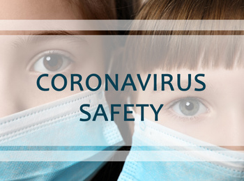 Image of Little girls with medical masks, closeup. Coronavirus safety 