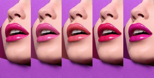 Collage with photos of young woman with different glossy lipsticks on purple background, closeup. Banner design
