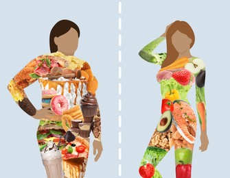 Silhouettes of overweight and slim women filled with unhealthy and healthy food on light background, collage. Illustration