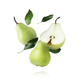 Image of Fresh ripe pears and green leaves falling on white background